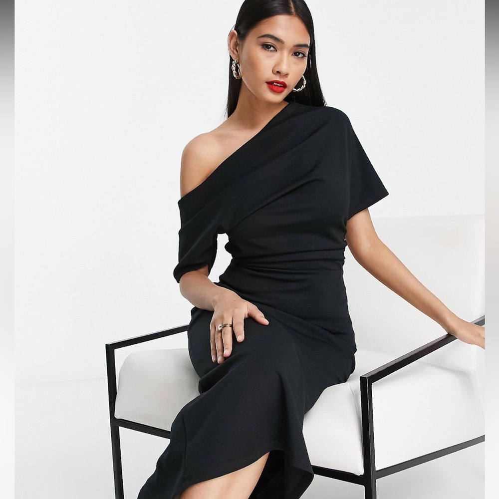 ASOS DESIGN pleated shoulder pencil dress in black